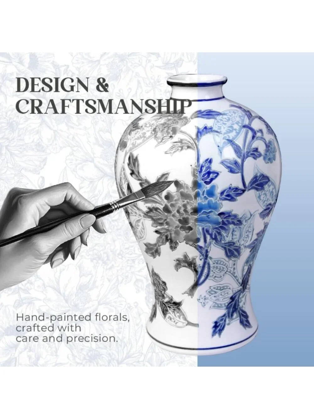 Hand-Painted Blue & White Floral Porcelain Vase, 13